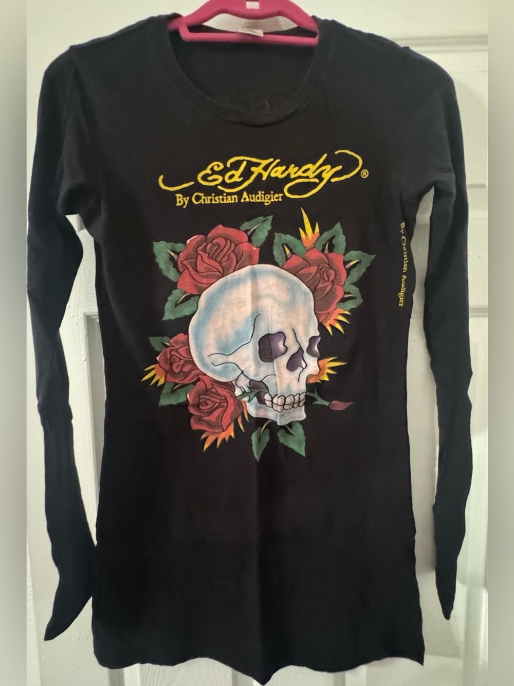Ed Hardy Black Long Sleeve Skull and Rose Graphic Top